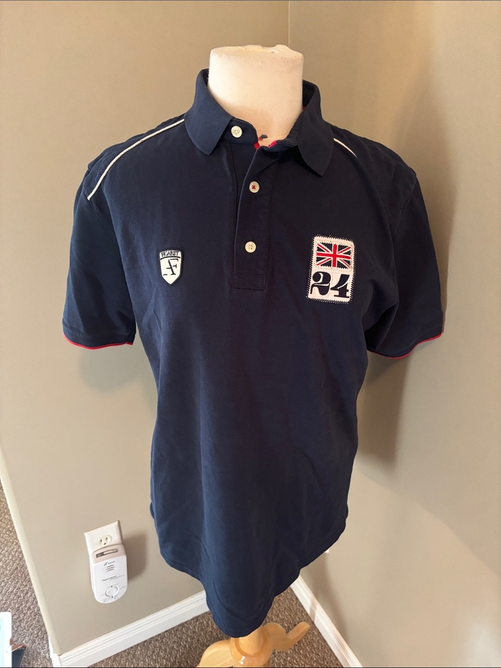 Alain Figatet Navy Blue Polo Shirt with British Flag Patch Size Large